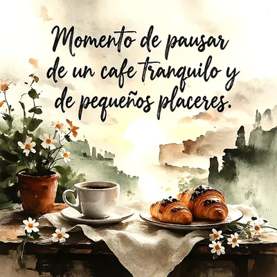 Mesa de madera con una taza de cafe, dos croissants y flores blancas en una maceta, con un amanecer al fondo y el texto Momento de pausar de un cafe tranquilo y de pequeños placeres.