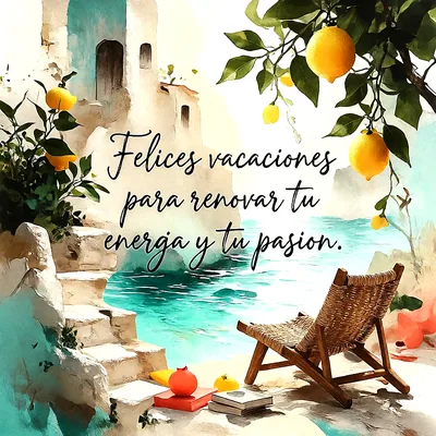 Paisaje costero mediterráneo con silla de playa de madera, libros, limonero cargado de frutos amarillos y texto Felices vacaciones para renovar tu energía y tu pasión.