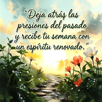 Camino de piedra rodeado de flores silvestres rojas y blancas al amanecer, con un mensaje en letras blancas bajo un cielo luminoso.