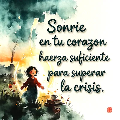 Ilustración en acuarela de una niña sonriente rodeada de luz junto a unos libros y una taza, con la frase Sonrie en tu corazon haerza suficiente para superar la crisis.