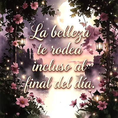 Paisaje nocturno con luna llena, arco de flores rosadas, faroles encendidos y texto que dice La belleza te rodea incluso al final del día.