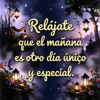 Paisaje nocturno con faroles encendidos, flores coloridas y una hamaca bajo el cielo estrellado, texto central que dice Relájate que el mañana es otro día único y especial.