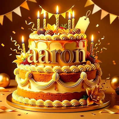 Tarta de cumpleaños de dos pisos con recubrimiento dorado, velas encendidas y el nombre Aaron en letras doradas al frente.