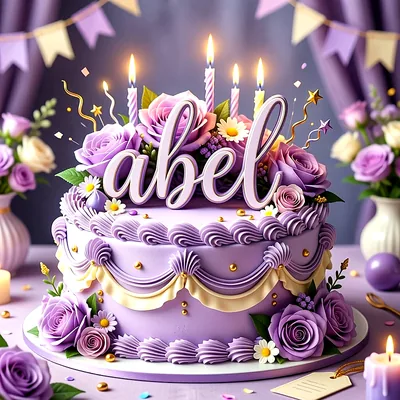 Tarta de cumpleaños de dos pisos con fondant lila, rosas moradas y velas encendidas, con el nombre Abel escrito en letras blancas sobre flores.