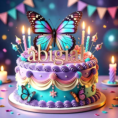 Tarta de cumpleaños de dos pisos con color lila y turquesa, adornada con mariposas y velas encendidas, con el nombre Abigail en letras doradas.