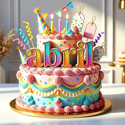 Tarta de dos pisos con colores pastel, velas encendidas y confeti, mostrando el nombre Abril en letras grandes y coloridas.