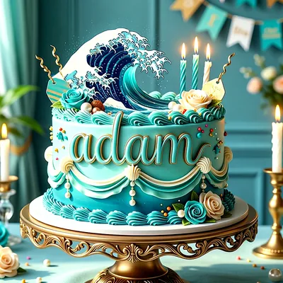 Tarta de cumpleaños azul turquesa con ondas doradas y rosas, donde el nombre Adam resalta en el lateral con detalles elegantes.