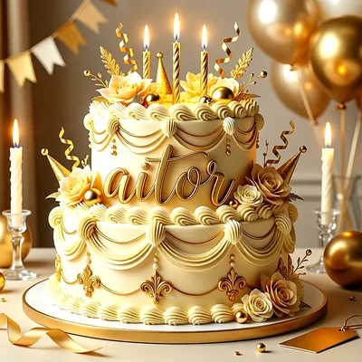 Tarta de cumpleaños de dos pisos de color crema y dorado, decorada con rosas y velas, con el nombre Aitor en letras doradas.