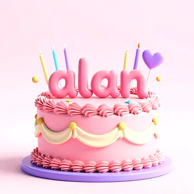 Tarta de cumpleaños rosa pastel con lazos blancos, velas de colores y un corazón lila, con el nombre Alan escrito en letras 3D.