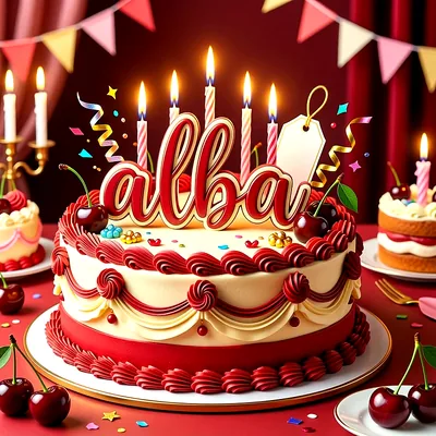 Tarta de cumpleaños de dos pisos con glaseado rojo y blanco, decorada con cerezas frescas, velas encendidas y el nombre Alba escrito en letras doradas al frente.