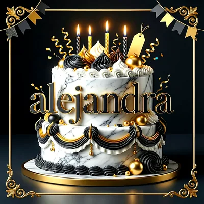 Tarta de cumpleaños de dos pisos efecto mármol blanco y negro con velas doradas y el nombre Alejandra al frente.