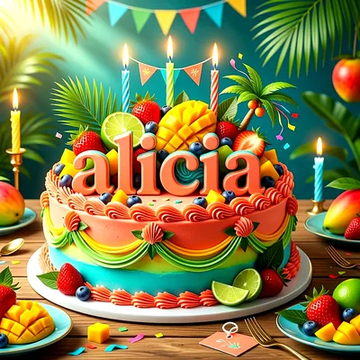 Tarta de cumpleaños de dos pisos con frutas frescas como fresas, mangos y limones, velas de colores y el nombre Alicia escrito en letras grandes de naranja.