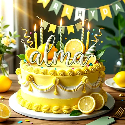 Tarta de cumpleaños amarilla y blanca decorada con rodajas de limón, velas encendidas y el nombre Alma al frente.