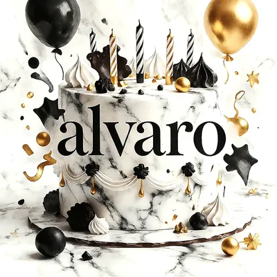 Tarta de cumpleaños con diseño de mármol blanco y negro, decorada con velas de rayas, merengues, bombones y estrellas doradas, con el nombre Alvaro escrito en grande al frente.