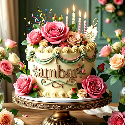 Tarta de cumpleaños de color crema decorada con rosas rosas y velas encendidas, con el nombre Ambar escrito en chocolate dorado.