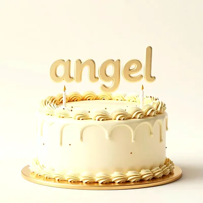 Tarta de cumpleaños de color vainilla con glaseado cremoso, dos velas encendidas y el nombre Angel en letras doradas arriba.