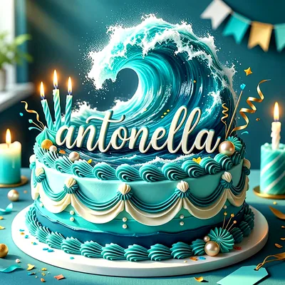 Tarta de cumpleaños azul con olas de mar, velas de colores y estrellas doradas, con el nombre Antonella escrito en letras blancas al frente.