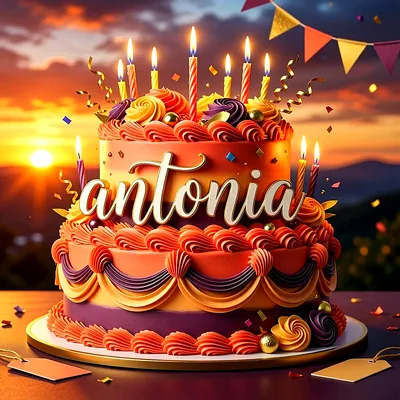 Tarta de cumpleaños de dos pisos decorada en tonos naranja y morado con velas encendidas y el nombre Antonia al frente.