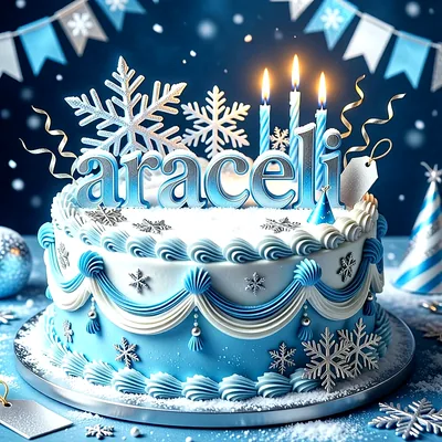 Tarta de cumpleaños de color azul con copos de nieve plateados y velas encendidas, con el nombre Araceli escrito en letras grandes y brillantes sobre la superficie.