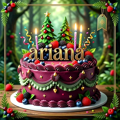 Tarta de cumpleaños morada decorada con frutos del bosque, pequeños árboles verdes, velas encendidas y el nombre Ariana al frente.