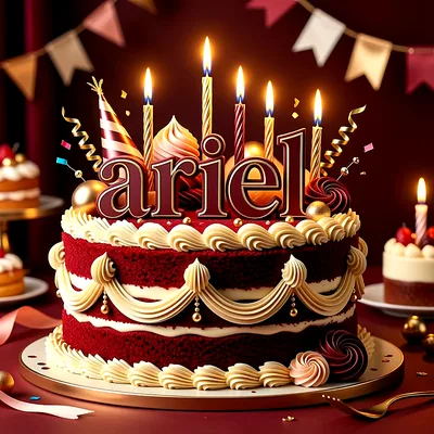 Tarta de cumpleaños de dos pisos de color rojo intenso con crema blanca y detalles dorados, con el nombre Ariel escrito en letras grandes y centelleantes en la parte superior.