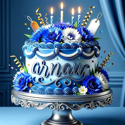 Tarta de cumpleaños azul y blanca con flores, velas encendidas y serpentinas doradas con el nombre Arnau escrito al frente.