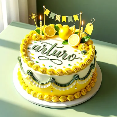 Tarta de cumpleaños blanca y amarilla decorada con limones, velas encendidas, banderines y el nombre Arturo escrito con letras verdes en el centro.