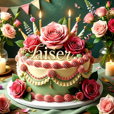 Tarta de cumpleaños decorada con rosas rosas, crema pastelera y velas encendidas, con el nombre Asier escrito en letras doradas.