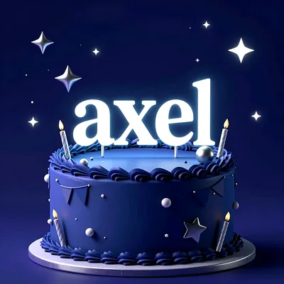 Tarta de cumpleaños de color azul oscuro con estrellas, velas encendidas y el nombre Axel grande y luminoso en la parte superior.
