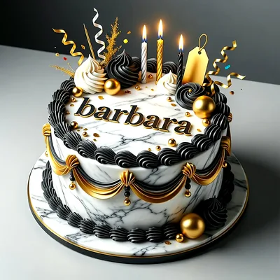 Tarta de cumpleaños con diseño de mármol blanco, decorada con detalles en negro y oro, velas encendidas, cintas doradas y el nombre Barbara escrito en la parte superior.