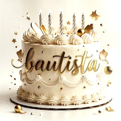 Tarta de cumpleaños blanca y dorada con velas encendidas, decorada con estrellas doradas y el nombre Bautista escrito en letras de oro.
