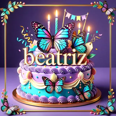 Tarta de cumpleaños lila y azul con mariposas de colores brillantes, banderines festivos y velas encendidas, con el nombre Beatriz escrito en letras doradas al frente.