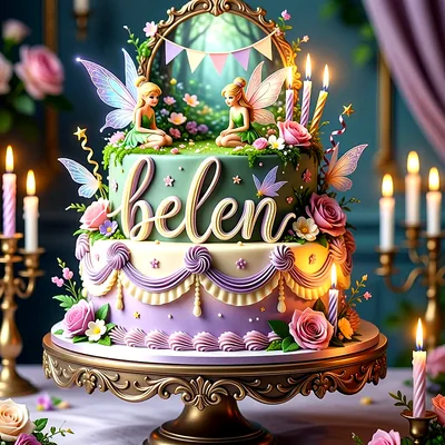 Tarta de cumpleaños de dos pisos en tonos verdes y morados, decorada con dos hadas pequeñas, flores, velas encendidas y el nombre Belen escrito en letras grandes al frente.