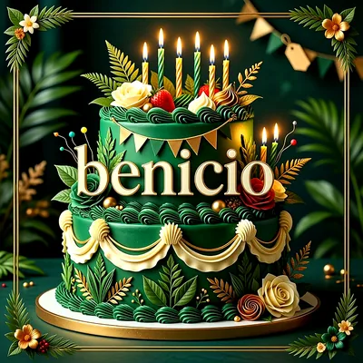 Tarta de cumpleaños verde de dos pisos decorada con hojas doradas, rosas y velas encendidas, con el nombre Benicio.
