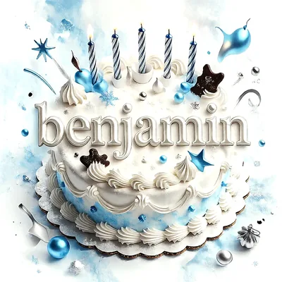 Tarta de cumpleaños blanca y azul con velas de rayas, estrellas metálicas y copos de nieve, con el nombre Benjamin escrito en letras plateadas.