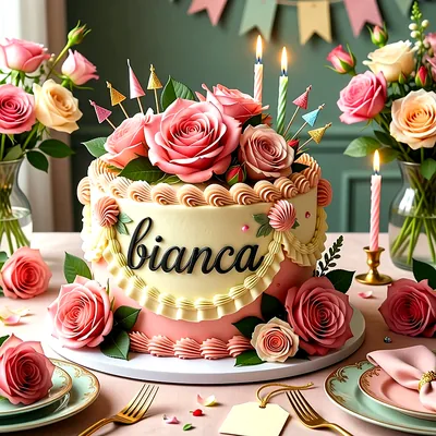 Tarta de cumpleaños rosa y crema decorada con rosas grandes y velas encendidas, con el nombre Bianca escrito al frente en relieve negro.