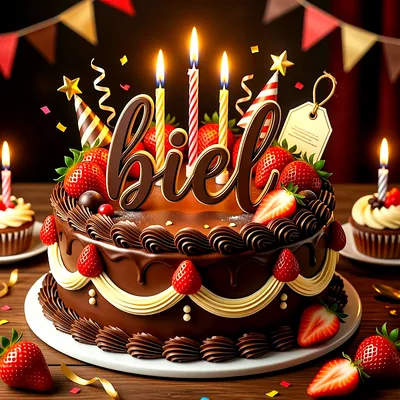 Tarta de cumpleaños de chocolate decorada con fresas frescas, velas encendidas y un letrero de chocolate con el nombre Biel.