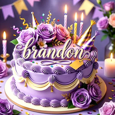 Tarta de cumpleaños lila decorada con rosas moradas, velas encendidas, pequeños gorros de fiesta y el nombre Brandon escrito al frente en letras doradas.