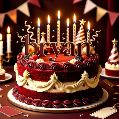 Tarta de cumpleaños roja y crema con velas encendidas, fresas y el nombre Brayan escrito al frente en letras elegantes.