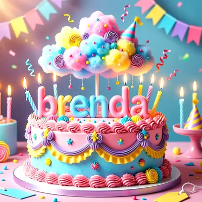Tarta de cumpleaños multicolor en tonos rosa y azul con nubes de azúcar y velas, con el nombre Brenda escrito en letras coloridas.