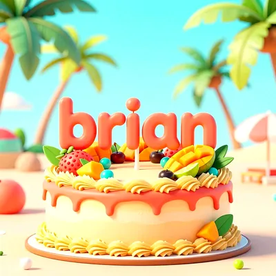Tarta de cumpleaños con temática tropical, decorada con fresas, mango y cerezas frescas sobre una base de crema, con el nombre Brian escrito en letras grandes naranjas.