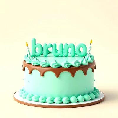 Tarta de cumpleaños de color azul claro con cobertura de chocolate chorreando, velas encendidas y el nombre Bruno escrito en letras grandes azules arriba.