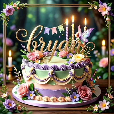 Tarta de cumpleaños pastel con flores, velas encendidas, adorno de hada y el nombre Bryan escrito en letras doradas elegantes.