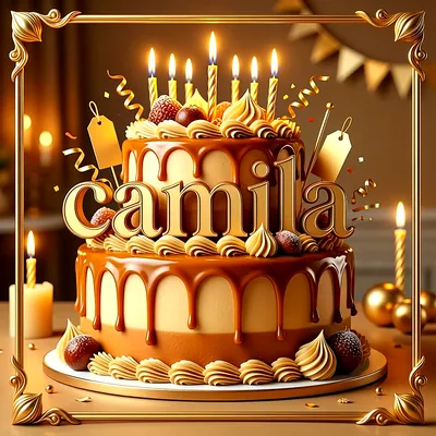 Tarta de cumpleaños de dos pisos dorada y caramelo con velas encendidas, serpentinas y el nombre Camila escrito al frente.