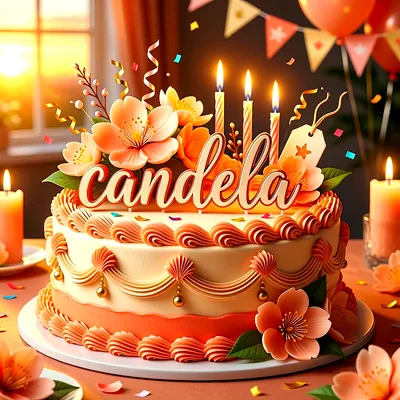 Tarta de cumpleaños decorada con flores de tono naranja y crema, velas encendidas y un cartel con el nombre Candela escrito arriba.