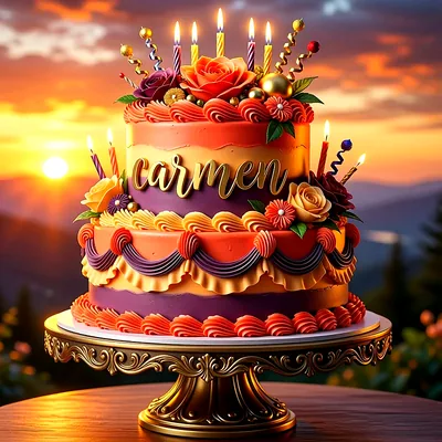 Tarta de dos pisos en tonos naranja y morado con flores, velas encendidas y el nombre Carmen escrito en letras doradas.