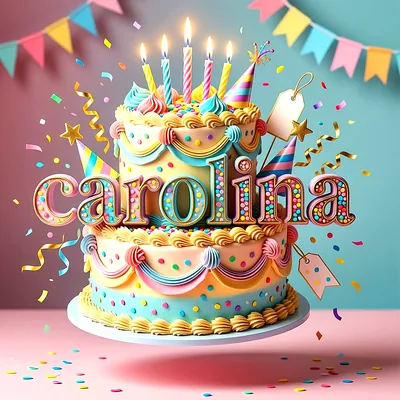 Tarta infantil de cumpleaños de dos pisos en tonos pastel con velas encendidas, confeti y el nombre Carolina decorado al frente.