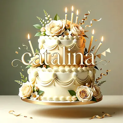 Tarta de cumpleaños blanca de dos pisos con rosas crema, velas doradas encendidas y el nombre Catalina escrito al frente.