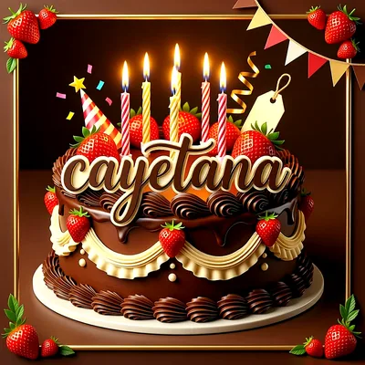 Tarta de cumpleaños cubierta de chocolate con fresas frescas, velas encendidas y decoraciones festivas, con el nombre Cayetana escrito en letras grandes y elegantes sobre el pastel.