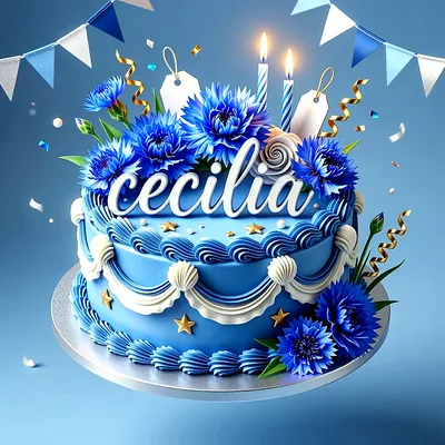 Tarta de cumpleaños azul con flores azules, estrellas doradas, velas encendidas y el nombre Cecilia escrito en letras blancas al frente.
